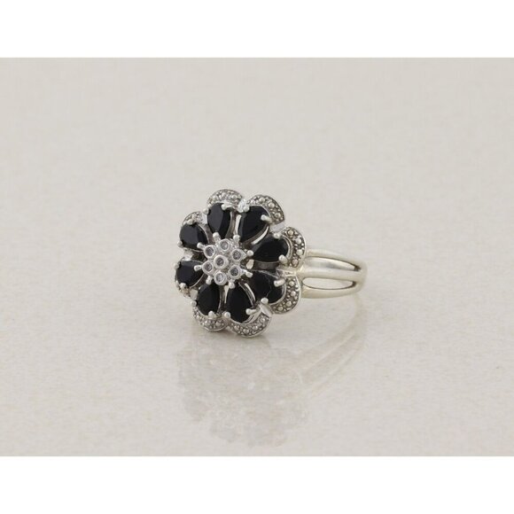 Sterling Silver Blue Cubic Zirconia and Natural Diamond Flower Ring Size 9 1/2 - Picture 5 of 7